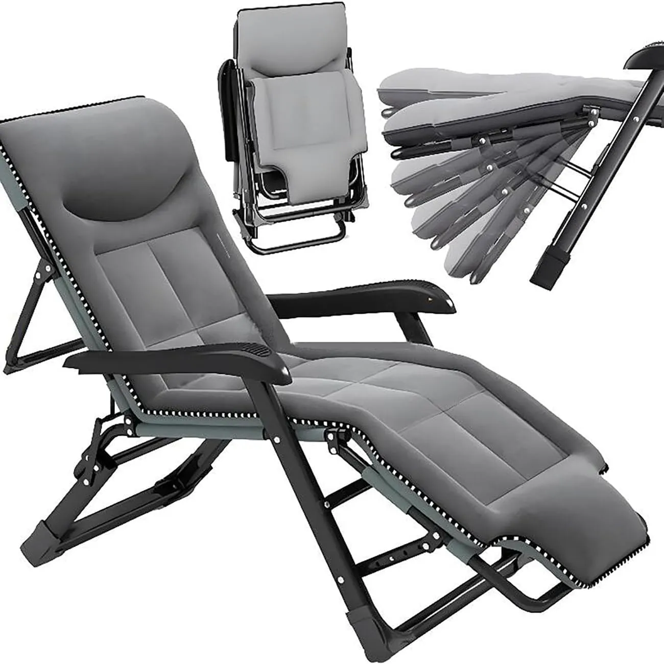 Portable Folding Sun Lounger,Deck Chairs for Adults/Garden Recliner,Reclining Camping Chairs 300KG,7 Gear Adjustable Lounge Chair,3D Memory Anheadrest and Massage Armrest Grey,180X30X55cm