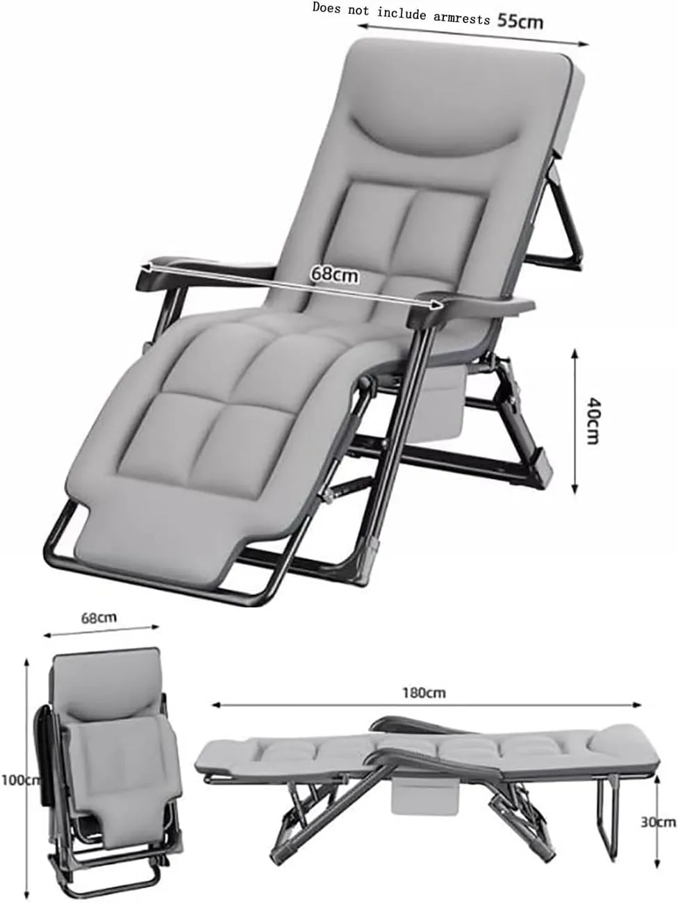 Portable Folding Sun Lounger,Deck Chairs for Adults/Garden Recliner,Reclining Camping Chairs 300KG,7 Gear Adjustable Lounge Chair,3D Memory Anheadrest and Massage Armrest Grey,180X30X55cm