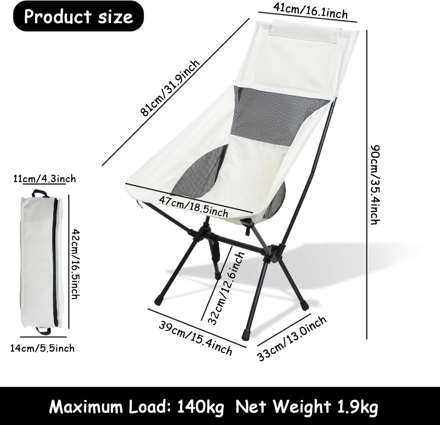 Portable High Back Camping Chair, Aluminum Frame Folding Camp Chair for Adults, Lightweight Compact with Carry Bag, Folding Backpacking Chair for Travel, Hiking, Beach, Fishing,Beige