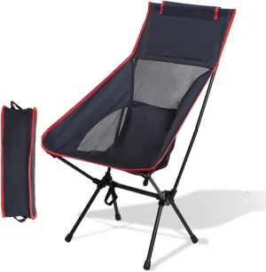 Portable High Back Camping Chair, Aluminum Frame Folding Camp Chair for Adults, Lightweight Compact with Carry Bag, Folding Backpacking Chair for Travel, Hiking, Beach, Fishing,Red