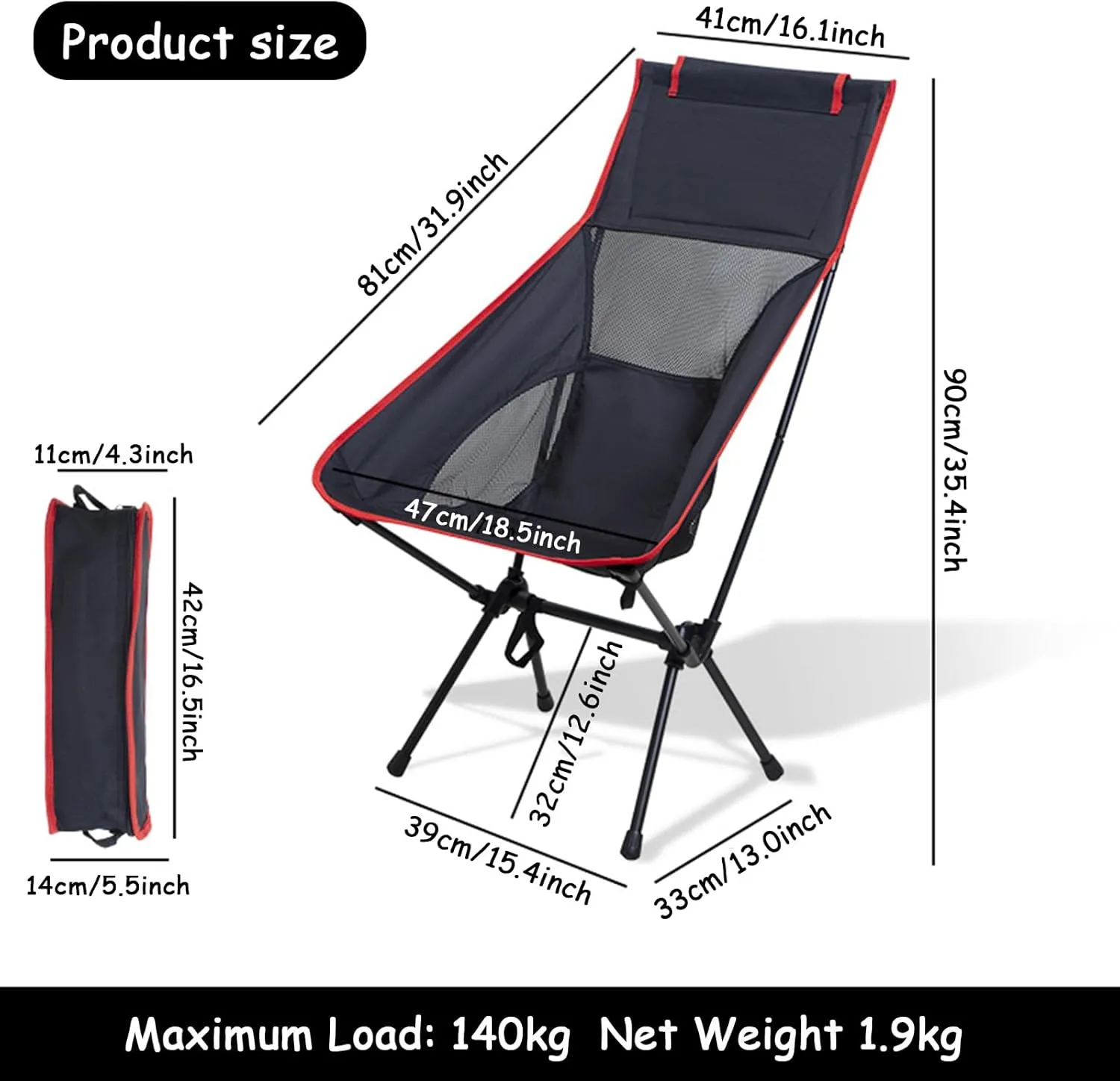 Portable High Back Camping Chair, Aluminum Frame Folding Camp Chair for Adults, Lightweight Compact with Carry Bag, Folding Backpacking Chair for Travel, Hiking, Beach, Fishing,Red