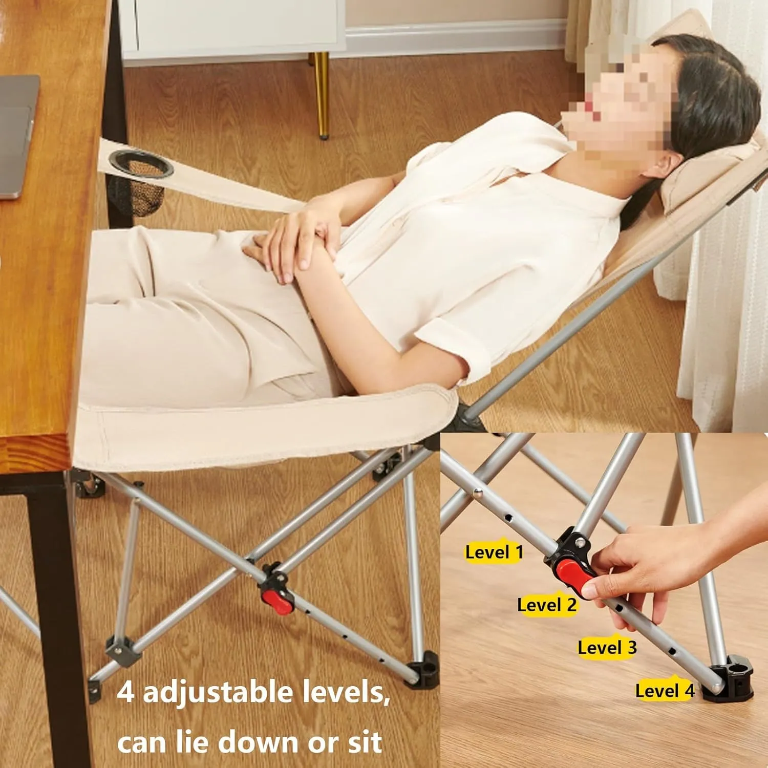 Portable Lunch Break Recliner Chair Comfortable Lounge Beach Chair for Adults Portable Folding Camp Chairs 4 Adjustable Levels 130kg Weight Capacity(White)