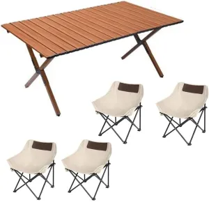Portable Picnic Table Chairs Sets with Roll up Carbon Steel Camp Side Folding Camping Lightweight Foldable Compact for Beach BBQ