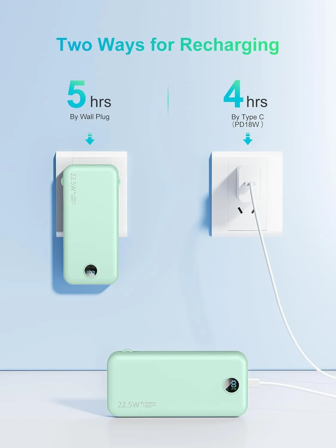 Portable Power Bank, 12000mAh 22.5W Phone Charger with Built-in Cables and Wall Plug, USB C Fast Charging Battery Bank with Smart LED Display, External Battery Pack for iPhone, iPad, Samsung etc Green
