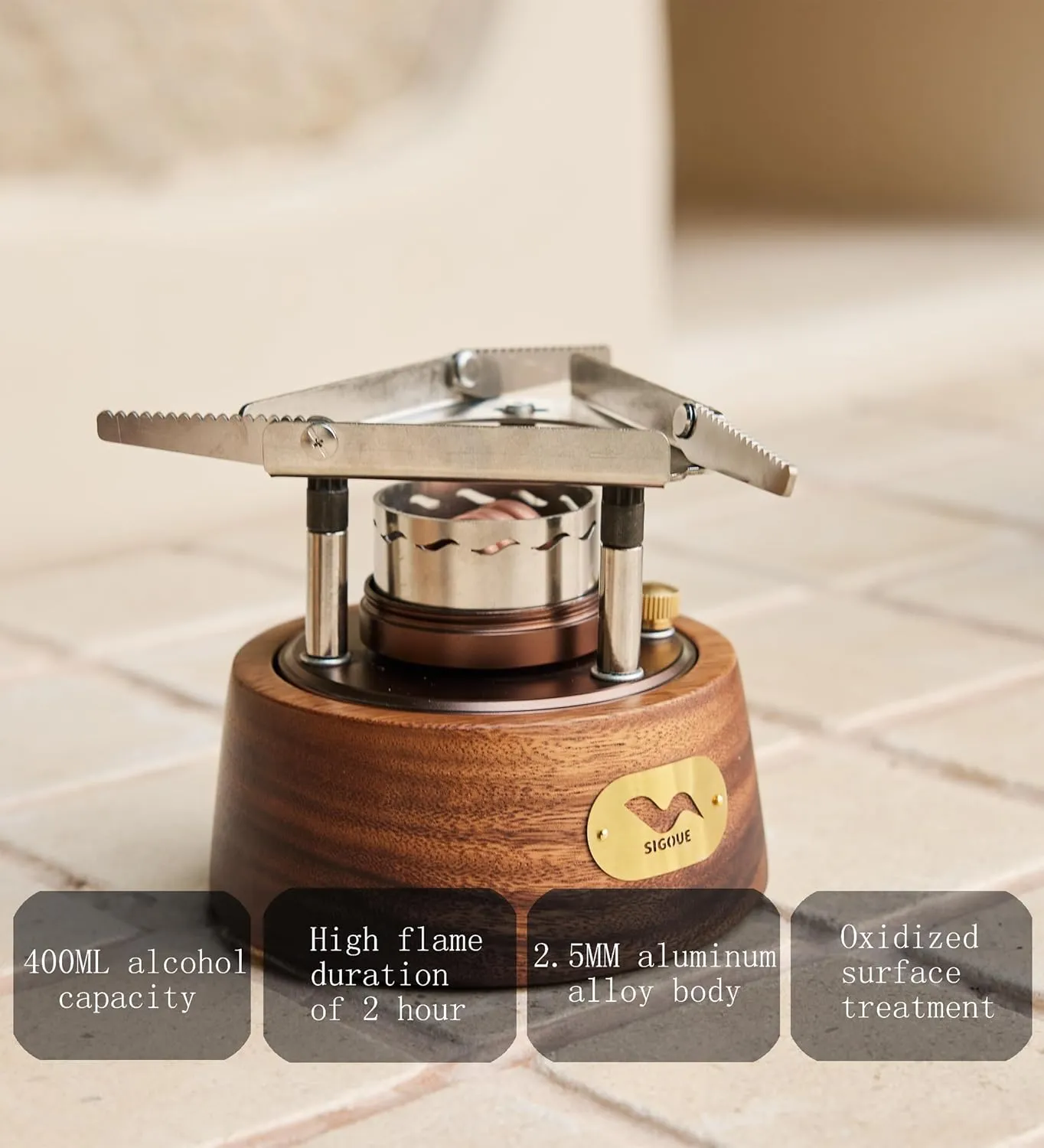 Portable Spirit Burner Stove Set with Storage Bag, Brown Wood Base, Includes Bottles and Accessories.Trekking, Fishing, Hunting Trips and Emergency Use (400ML)