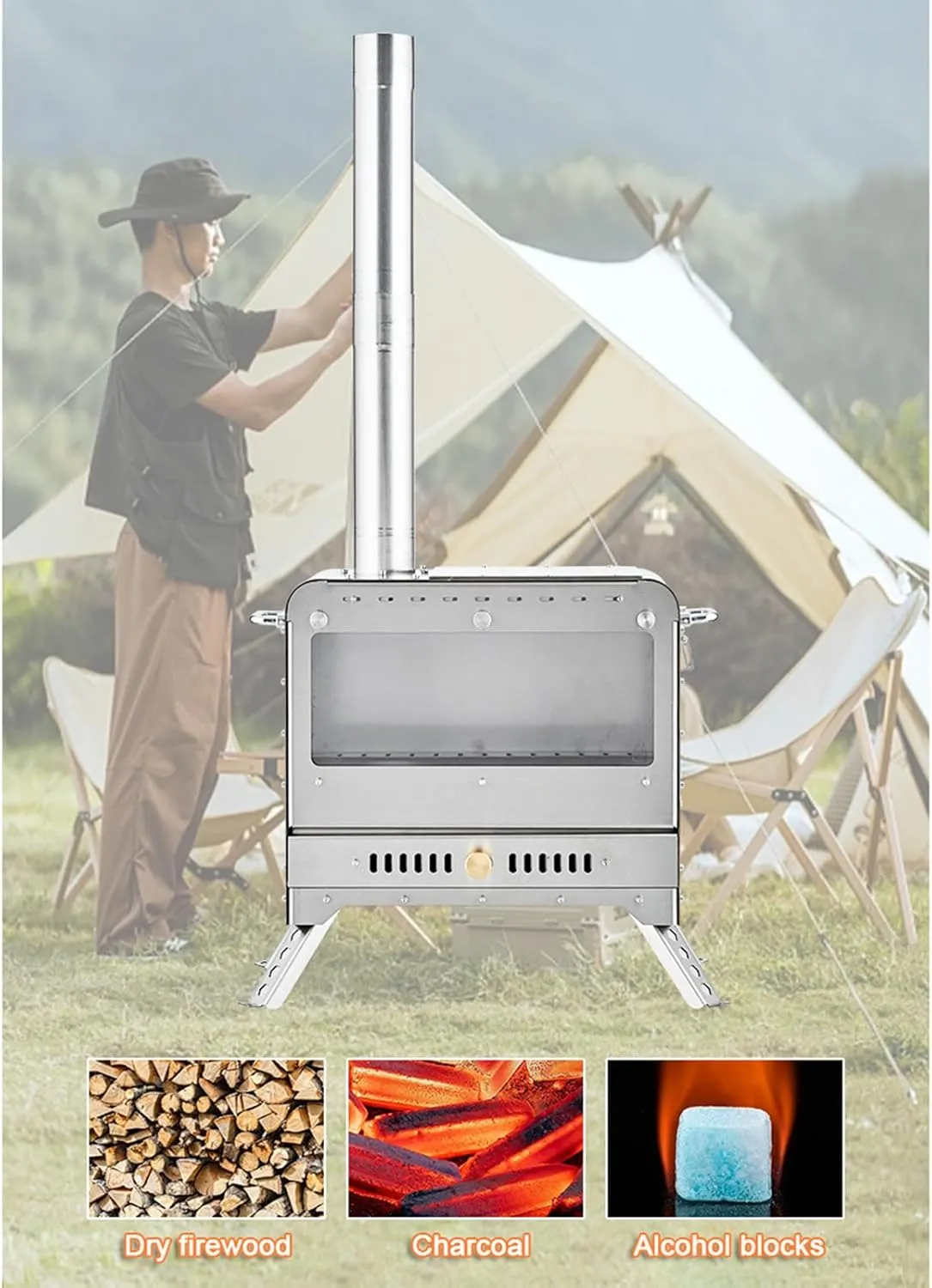 Portable Tent Wood Burning Stove 304 Stainless Steel, Folding Hot Tent Stove Lightweight with Chimney Pipes for Backpacking, Winter Survival, Cooking