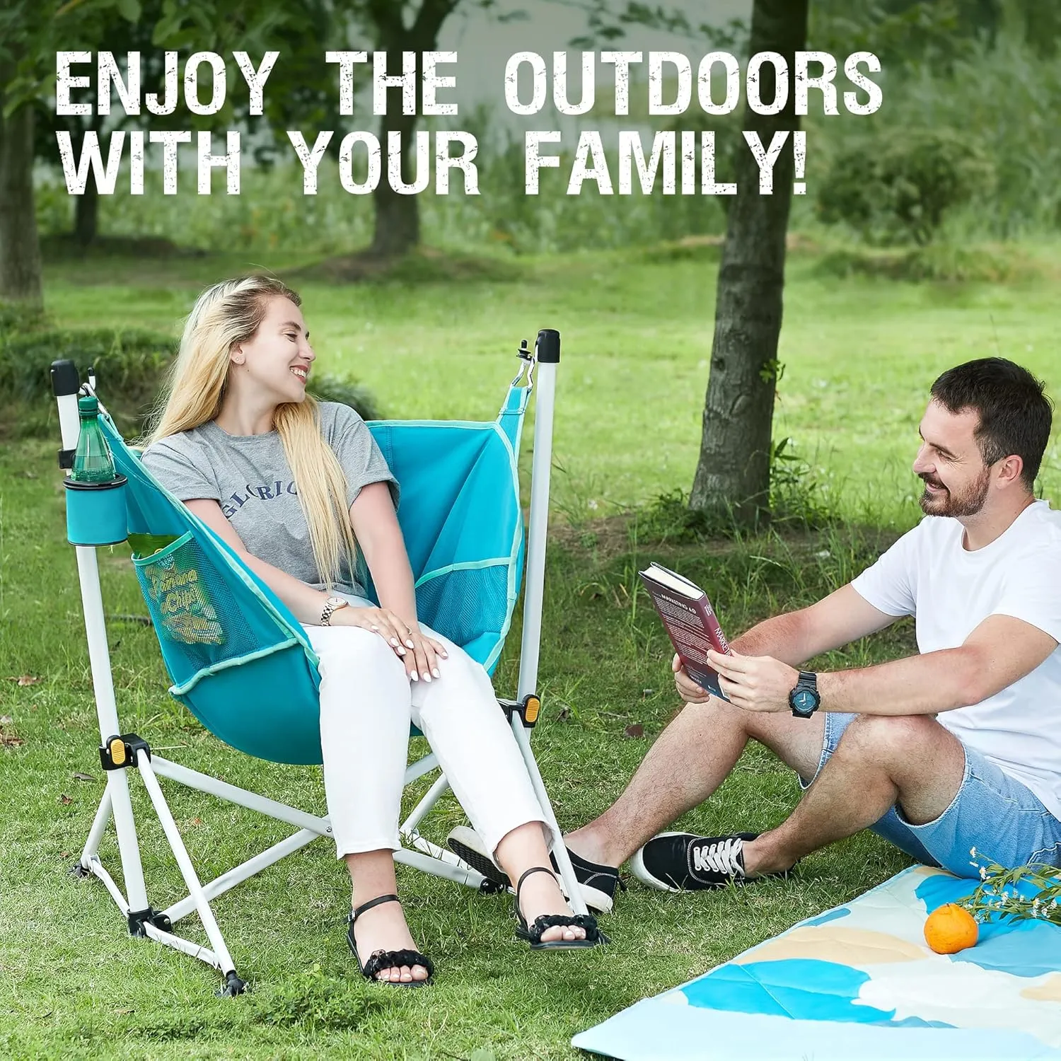 PORTAL Hammock Camping Chair Folding Rocking Chair Portable Swinging with Cup Holder for Outdoor Lawn Backyard Patio Car Camp Sports Concerts,Support 350 lbs Blue
