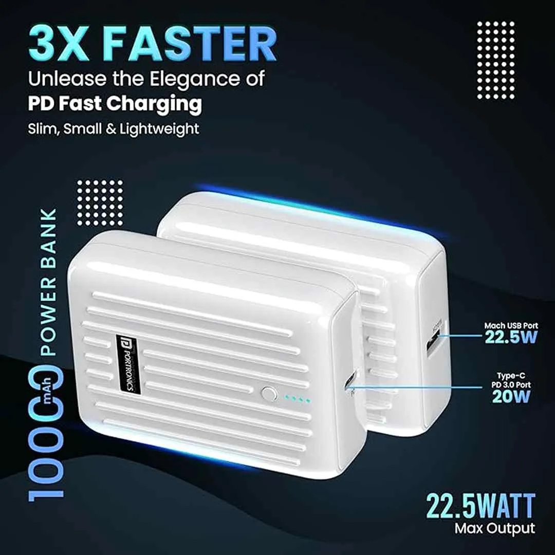 Portronics Zapcell 10k 10000mAh 22.5W  Nano Powerbank(White)