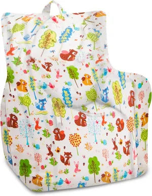 Posh Creations Bean Bag Chair Structured Seat for Toddlers and Kids, Comfy Chair for Gaming, Reading, and Watching TV for Children, Pasadena Chair, Canvas - Forest Critters on White