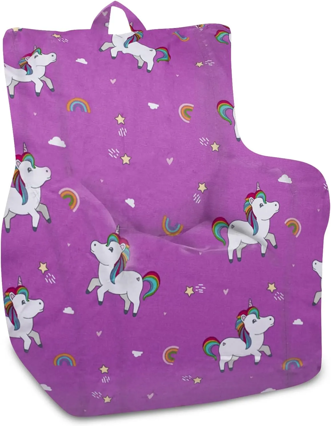 Posh Creations Structured Comfy Bean Bag Chair for Gaming, Reading, and Watching TV, Pasadena Chair, Canvas - Unicorn and Rainbows on Purple