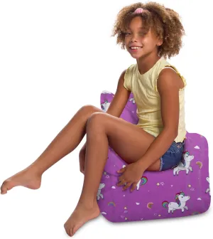 Posh Creations Structured Comfy Bean Bag Chair for Gaming, Reading, and Watching TV, Pasadena Chair, Canvas - Unicorn and Rainbows on Purple