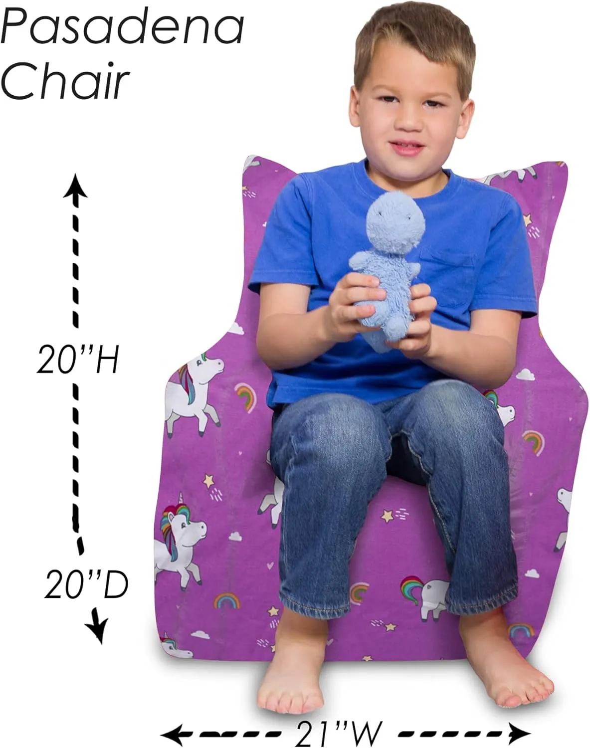 Posh Creations Structured Comfy Bean Bag Chair for Gaming, Reading, and Watching TV, Pasadena Chair, Canvas - Unicorn and Rainbows on Purple