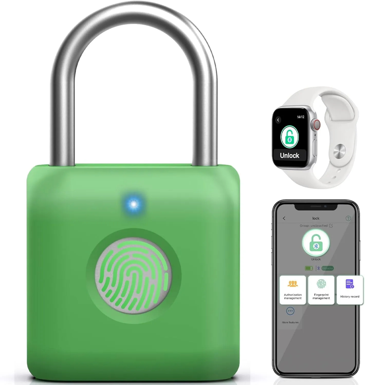 Pothunder Fingerprint Padlock, Smart Padlock, Locker Lock, Combination Lock, Fingerprint Lock with APP Unlock, USB Rechargeable, Suitable for Gym Locker, Locker(Avocado Green)