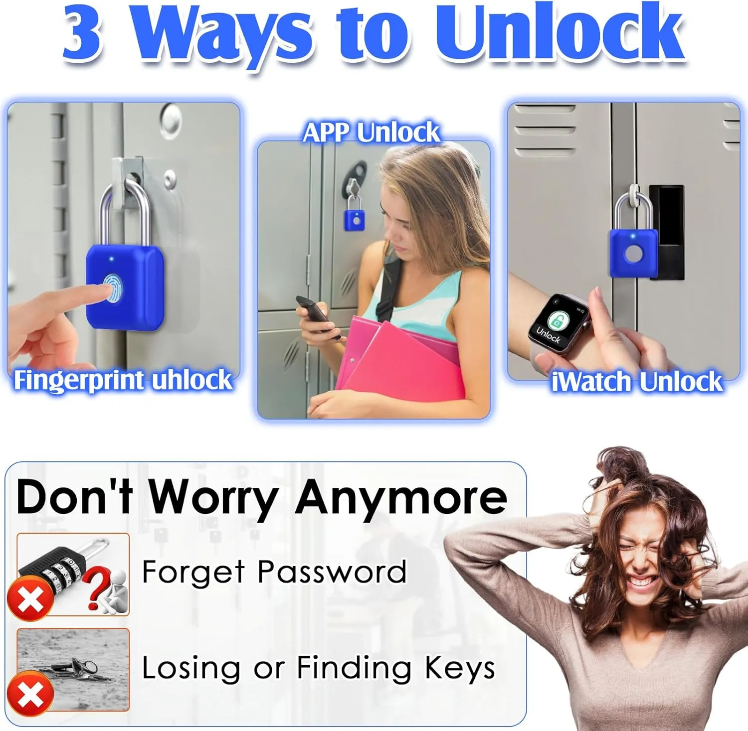 Pothunder Fingerprint Padlock, Smart Padlock, Locker Lock, Fingerprint Lock with APP Unlock, USB Rechargeable, Suitable for Gym Locker, Locker(Sapphire Blue)
