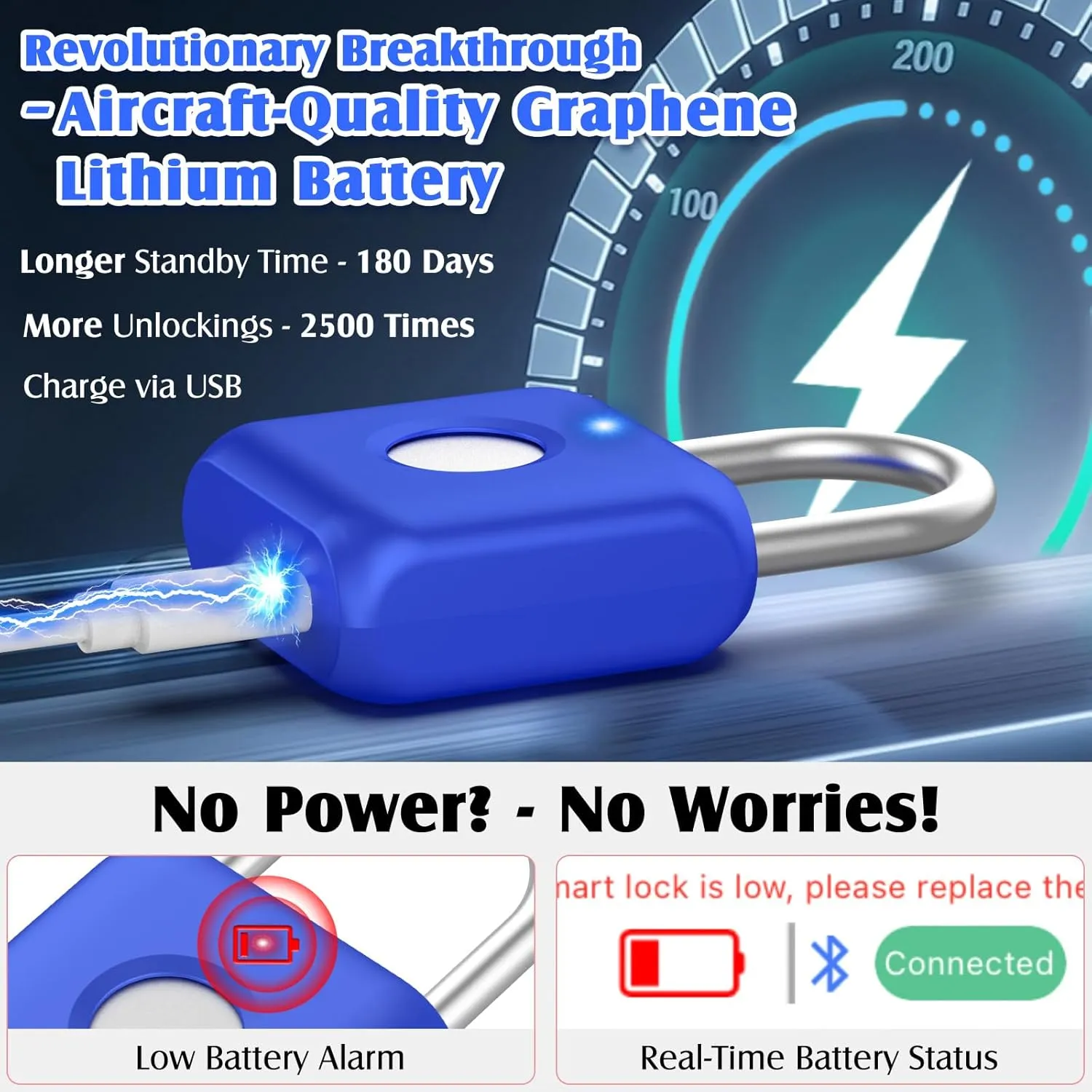 Pothunder Fingerprint Padlock, Smart Padlock, Locker Lock, Fingerprint Lock with APP Unlock, USB Rechargeable, Suitable for Gym Locker, Locker(Sapphire Blue)