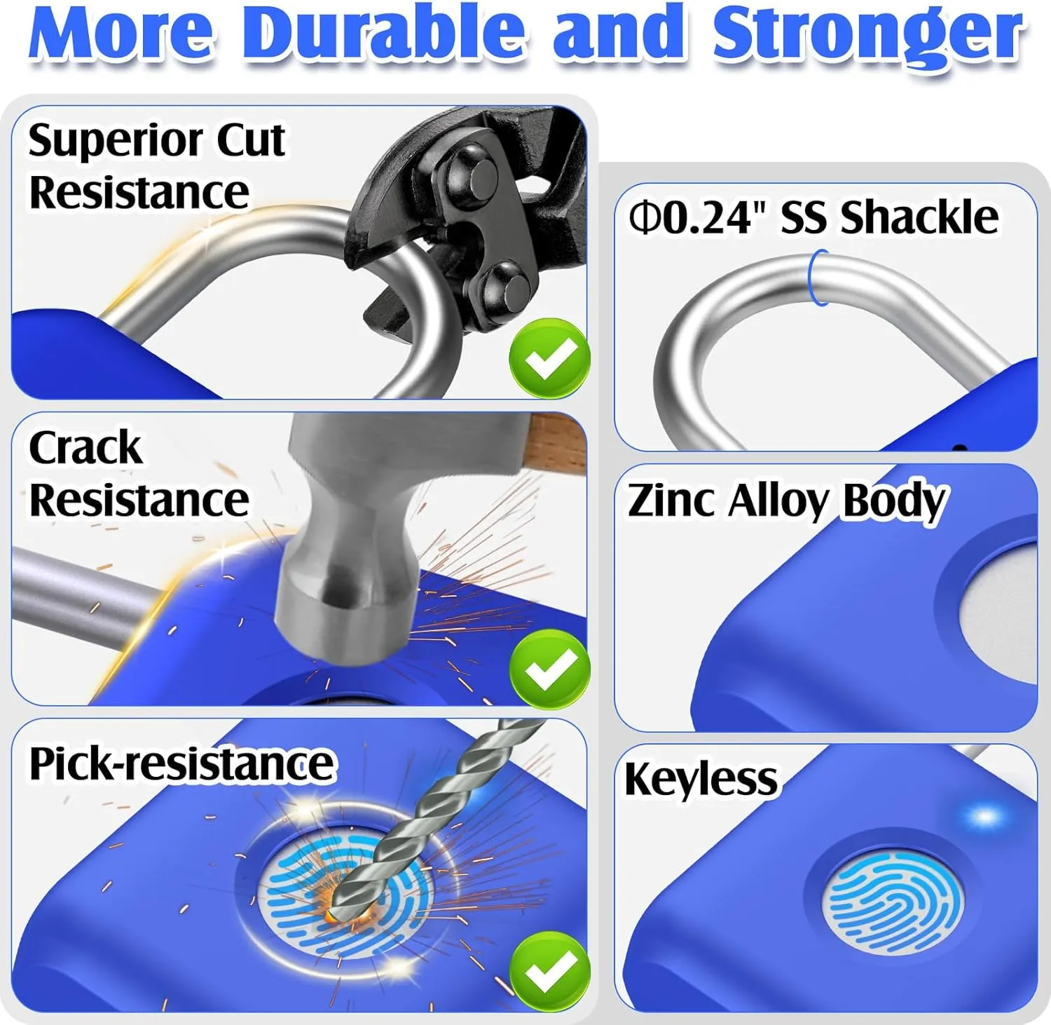 Pothunder Fingerprint Padlock, Smart Padlock, Locker Lock, Fingerprint Lock with APP Unlock, USB Rechargeable, Suitable for Gym Locker, Locker(Sapphire Blue)