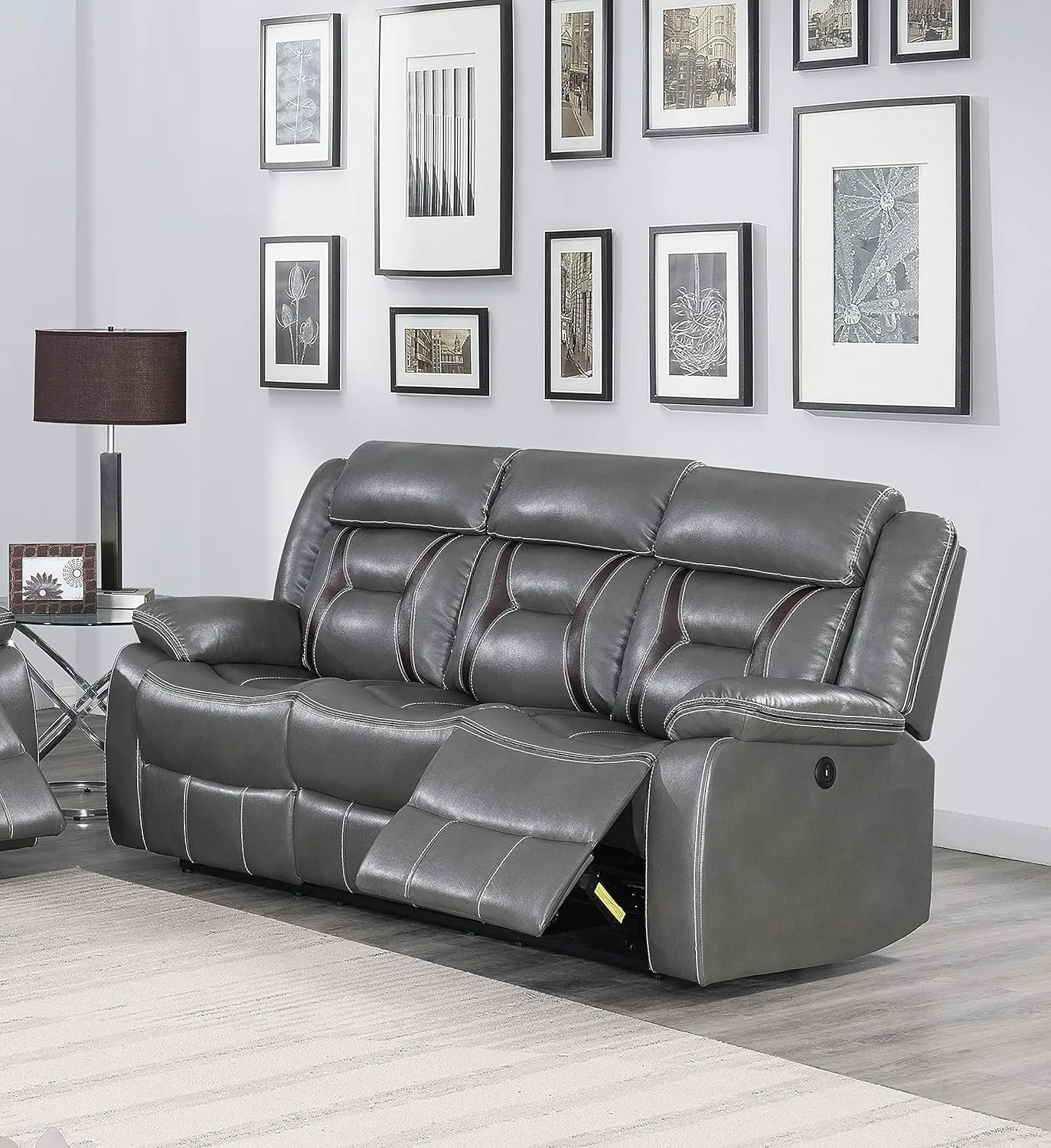 Poundex Grey Gel Leatherette Power Sofa