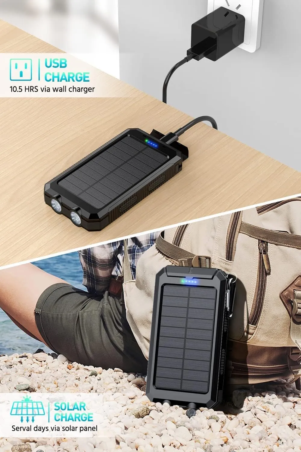 Power-Bank-Portable-Charger-Solar - 36800mAh Waterproof Portable External Backup Battery Charger Built-in Dual QC 3.0 5V3.1A Fast USB and Flashlight for All Phone and Electronic Devices (Deep Black)