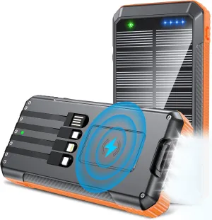 Power Bank Wireless Charger Built in 4 Cables 7 Outputs 22.5W Fast Charging Power Bank for All Mobile Devices 4Inputs Solar Portable Charger with Dual Flashlights (Orange)