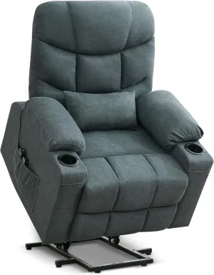 Power Lift Recliner Chair for Elderly, Vibrating Massage Chair with Heat, Linen Fabric Lazy Single Sofa Recliners with Cup Holder and Lumbar Pillow for Living Room (Blue Grey)