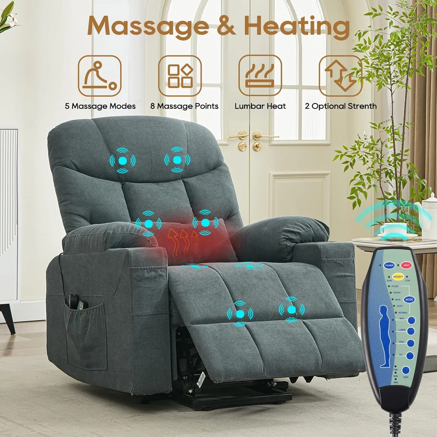 Power Lift Recliner Chair for Elderly, Vibrating Massage Chair with Heat, Linen Fabric Lazy Single Sofa Recliners with Cup Holder and Lumbar Pillow for Living Room (Blue Grey)