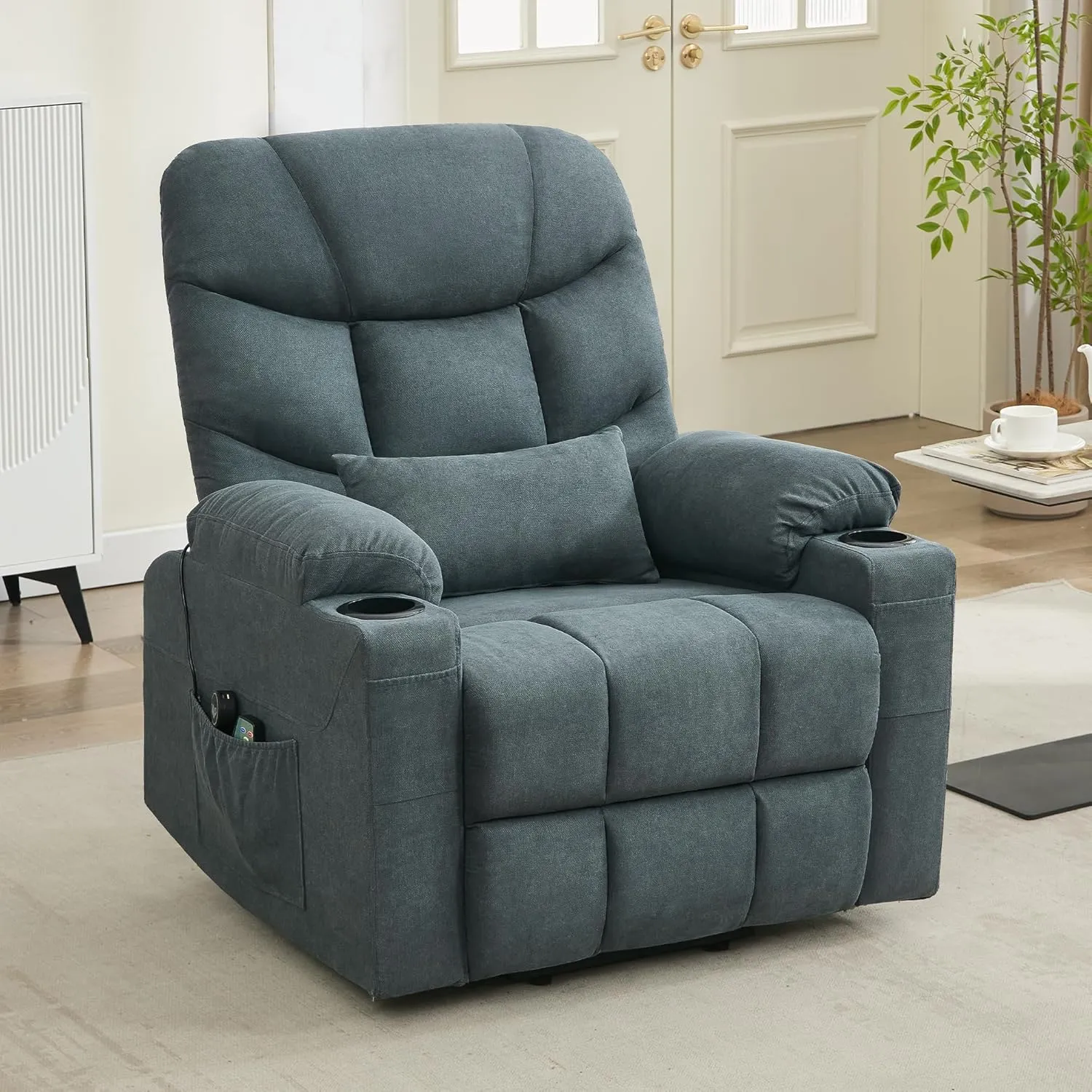 Power Lift Recliner Chair for Elderly, Vibrating Massage Chair with Heat, Linen Fabric Lazy Single Sofa Recliners with Cup Holder and Lumbar Pillow for Living Room (Blue Grey)