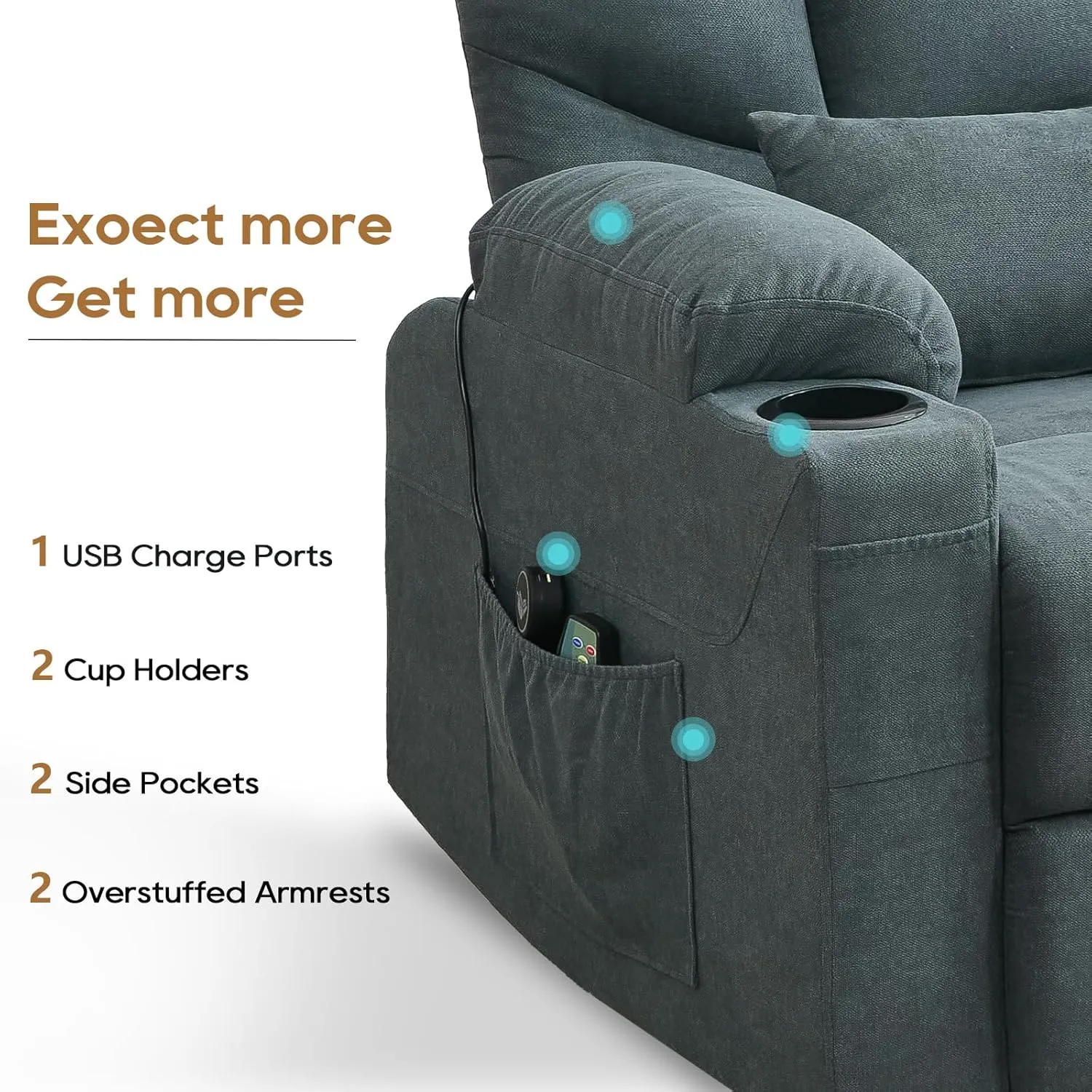 Power Lift Recliner Chair for Elderly, Vibrating Massage Chair with Heat, Linen Fabric Lazy Single Sofa Recliners with Cup Holder and Lumbar Pillow for Living Room (Blue Grey)
