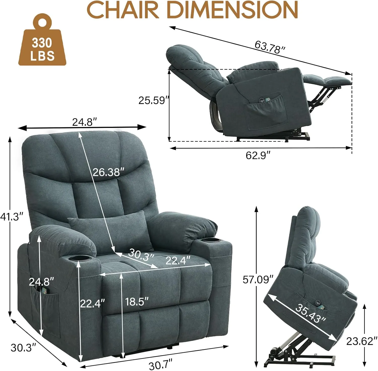 Power Lift Recliner Chair for Elderly, Vibrating Massage Chair with Heat, Linen Fabric Lazy Single Sofa Recliners with Cup Holder and Lumbar Pillow for Living Room (Blue Grey)