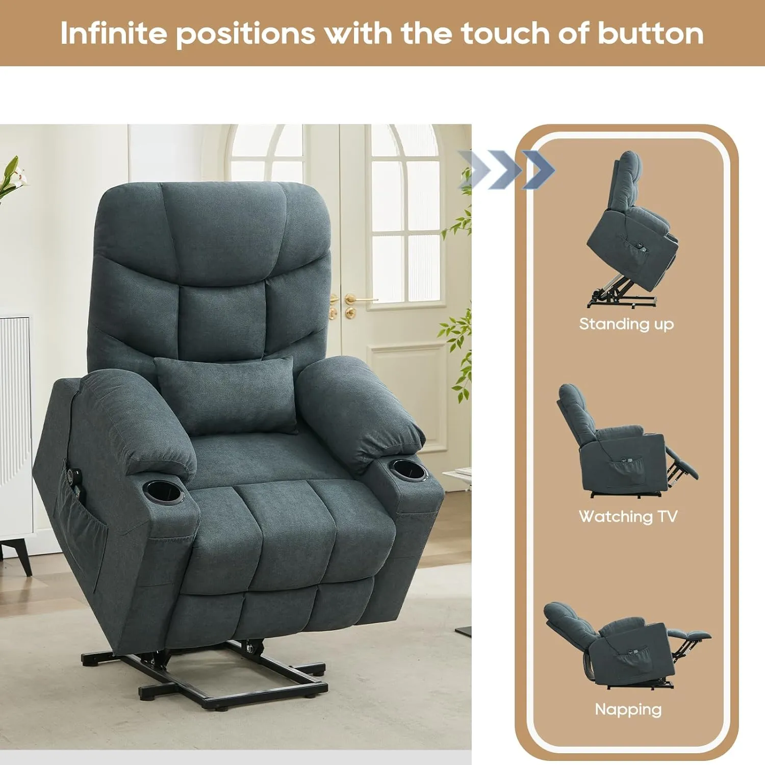 Power Lift Recliner Chair for Elderly, Vibrating Massage Chair with Heat, Linen Fabric Lazy Single Sofa Recliners with Cup Holder and Lumbar Pillow for Living Room (Blue Grey)