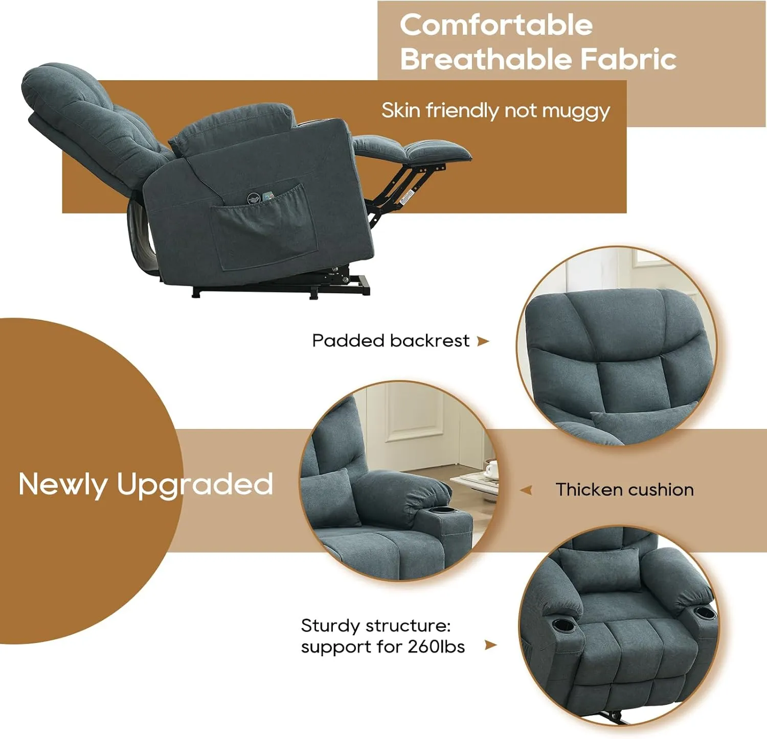 Power Lift Recliner Chair for Elderly, Vibrating Massage Chair with Heat, Linen Fabric Lazy Single Sofa Recliners with Cup Holder and Lumbar Pillow for Living Room (Blue Grey)