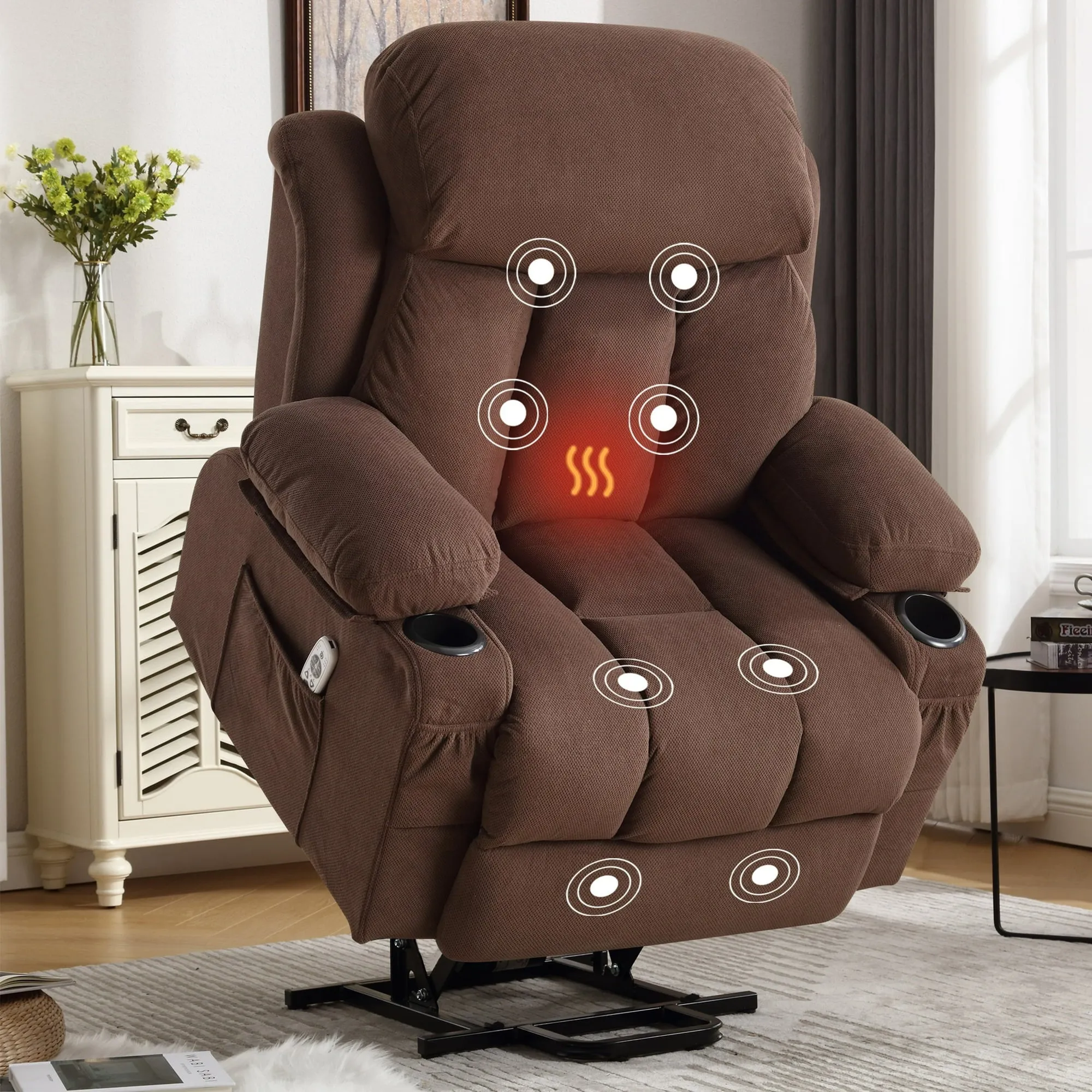 Power Lift Recliner Chair, Large Electric Fabric Recliners with Lumbar Heat and Massage for Living Room Home Theater, Single Elderly Sofa with Cup Holder and Side Pocket, USB Charge Port, Brown
