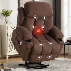 Power Lift Recliner Chair, Large Electric Fabric Recliners with Lumbar Heat and Massage for Living Room Home Theater, Single Elderly Sofa with Cup Holder and Side Pocket, USB Charge Port, Brown
