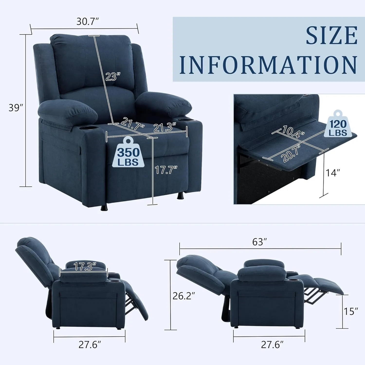 Power Recliner Chair Nursery Reclining Sofa Chair for Adults, Upholstered Heating Point Massage Theater Seating Single Sofa with Side Pockets Sidetable for Living Room-Blue