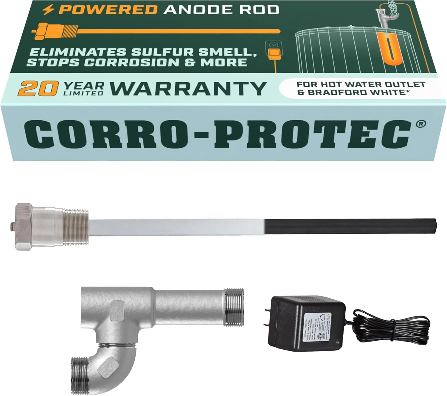 Powered Anode Rod for Bradford White Water Heater and Hot Water Outlet Installation, Eliminates Rotten Egg/Sulfur Smell within 24 hours and Stops Corrosion Inside Tank, 20-Year Warranty