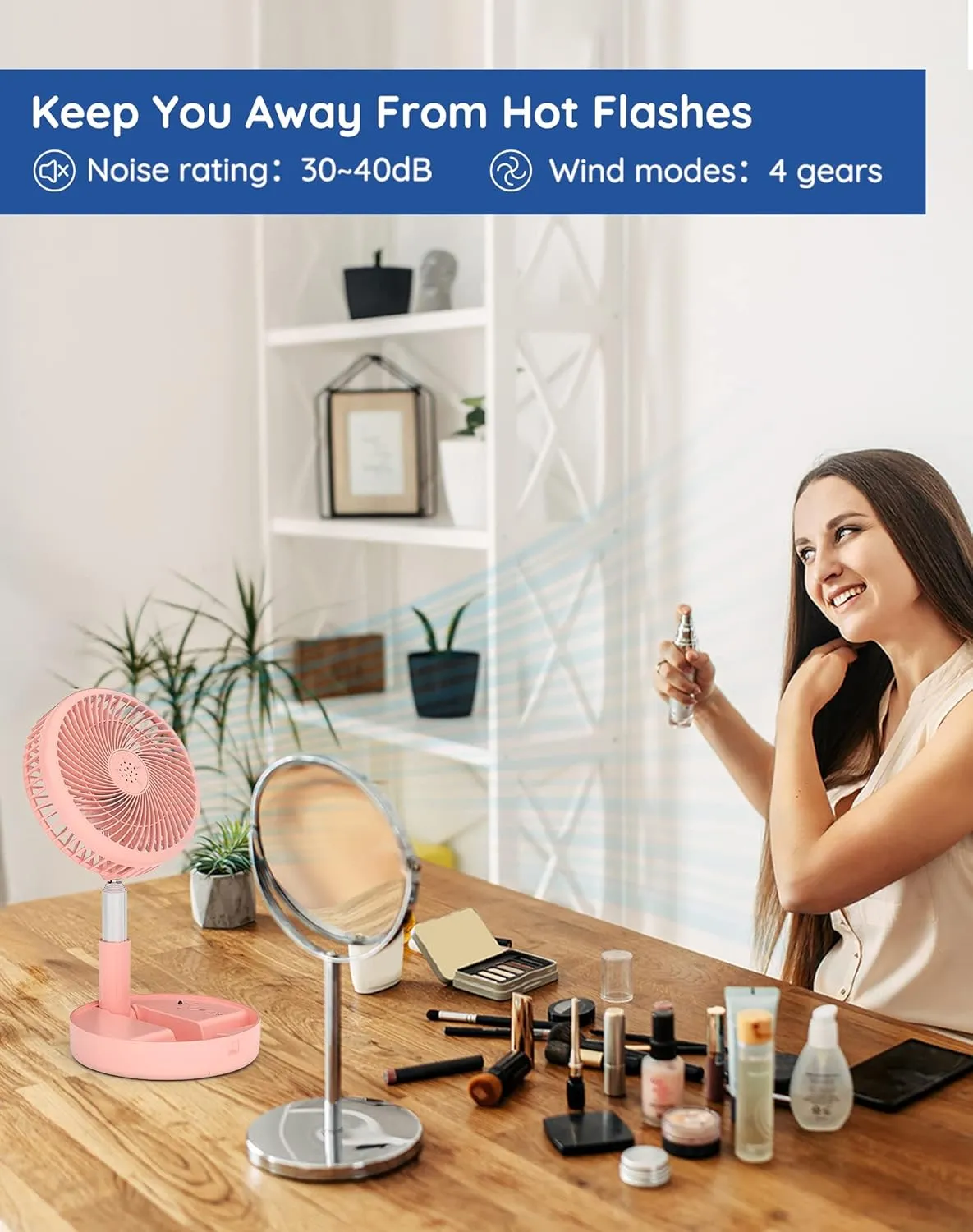 Primevolve Battery Operated Fan,Portable Rechargeable USB Floor Table Desk Fan with Adjustable Height, 4 Speed Settings Pedestal Fan for Bedroom Camping Travel,Pink 7.7"