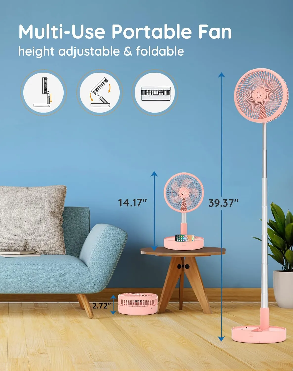 Primevolve Battery Operated Fan,Portable Rechargeable USB Floor Table Desk Fan with Adjustable Height, 4 Speed Settings Pedestal Fan for Bedroom Camping Travel,Pink 7.7"