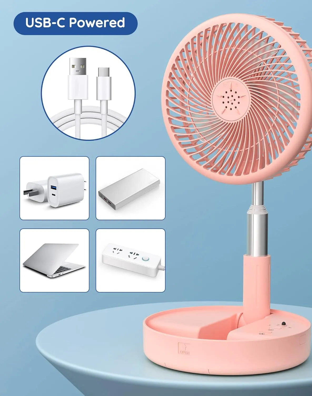 Primevolve Battery Operated Fan,Portable Rechargeable USB Floor Table Desk Fan with Adjustable Height, 4 Speed Settings Pedestal Fan for Bedroom Camping Travel,Pink 7.7"