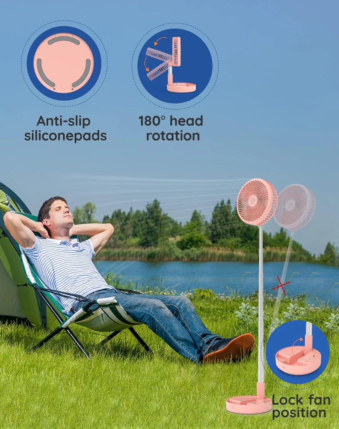 Primevolve Battery Operated Fan,Portable Rechargeable USB Floor Table Desk Fan with Adjustable Height, 4 Speed Settings Pedestal Fan for Bedroom Camping Travel,Pink 7.7"