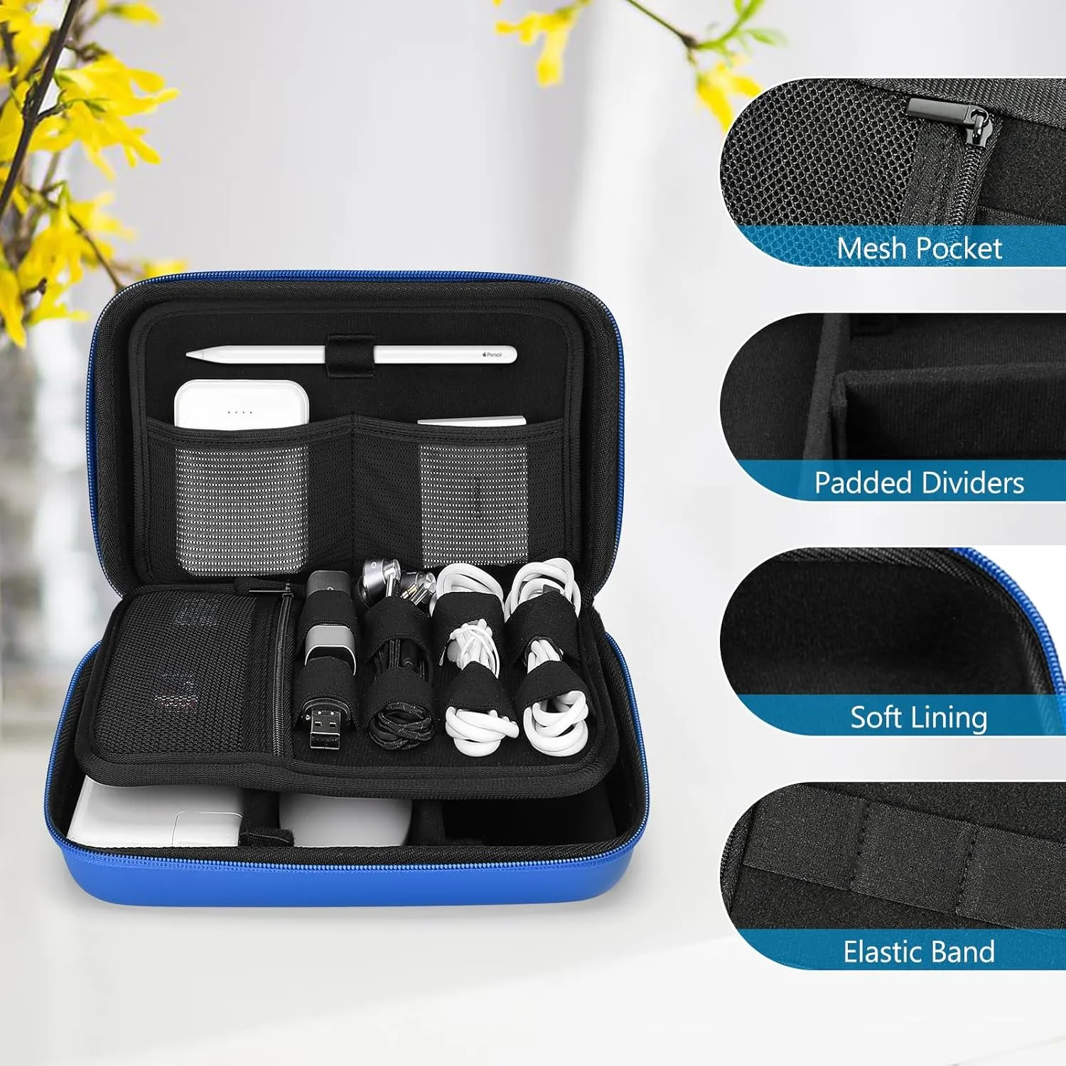 ProCase Hard Travel Electronic Organizer Case for MacBook Power Adapter Chargers Cables Power Bank Apple Magic Mouse Apple Pencil USB Flash Disk SD Card Small Portable Accessories Bag -L, Blue