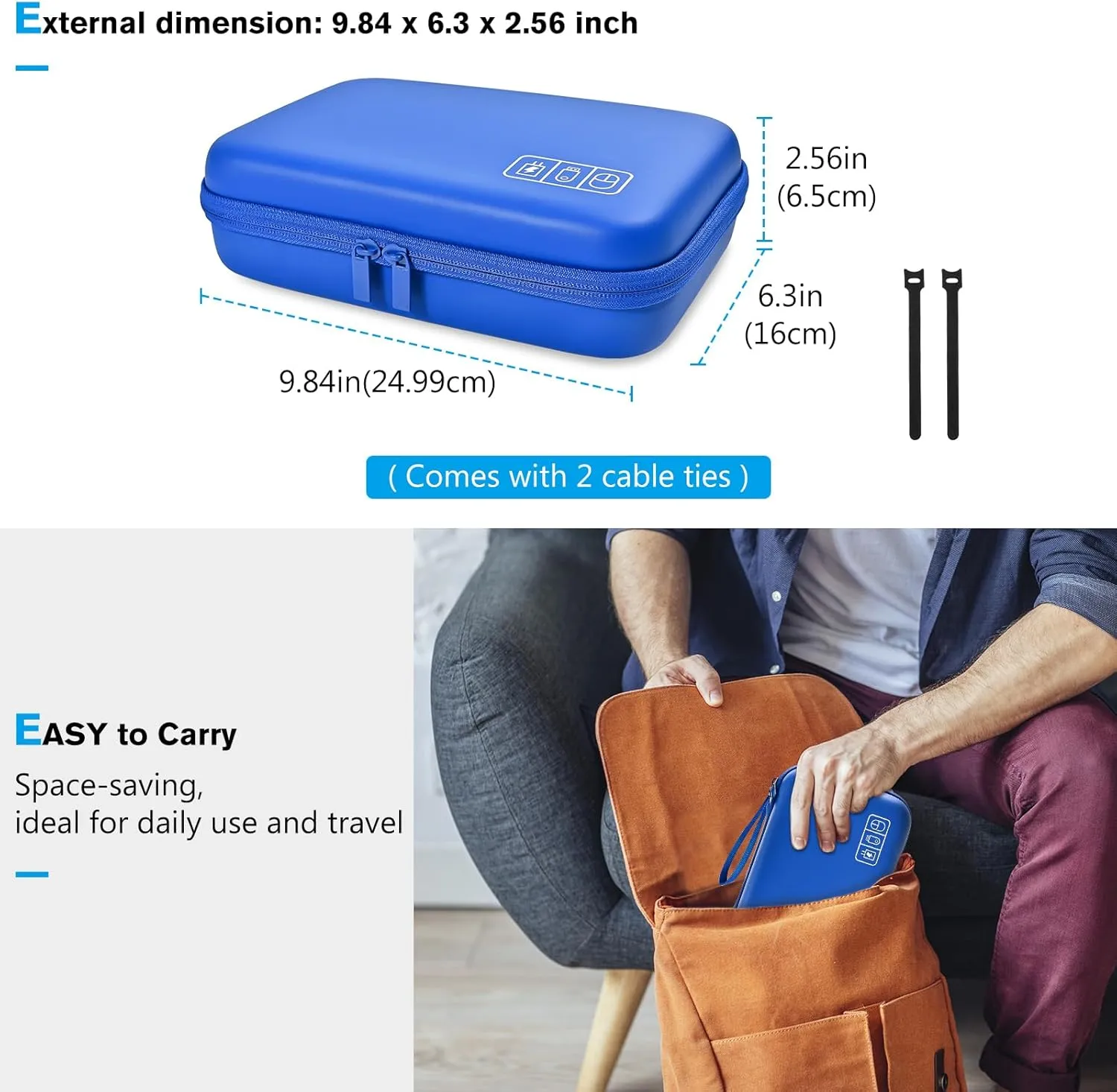 ProCase Hard Travel Electronic Organizer Case for MacBook Power Adapter Chargers Cables Power Bank Apple Magic Mouse Apple Pencil USB Flash Disk SD Card Small Portable Accessories Bag -L, Blue