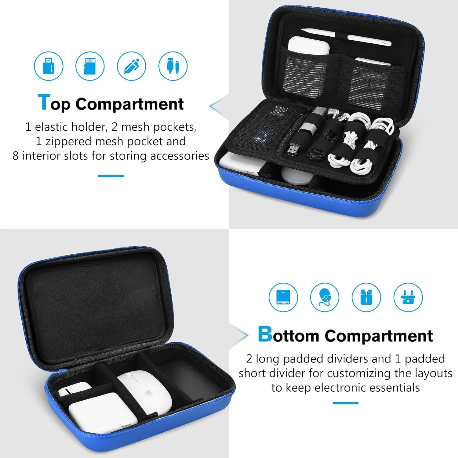 ProCase Hard Travel Electronic Organizer Case for MacBook Power Adapter Chargers Cables Power Bank Apple Magic Mouse Apple Pencil USB Flash Disk SD Card Small Portable Accessories Bag -L, Blue