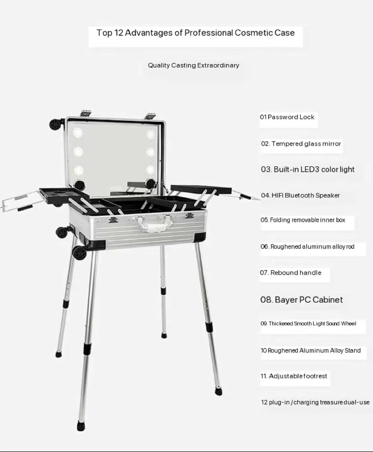 Professional Cosmetic Case with 8LED Lights, Telescopic Stand, Universal Wheel Cosmetic Case, TSA Code Lock Traveling Cart (Black 24INCH)