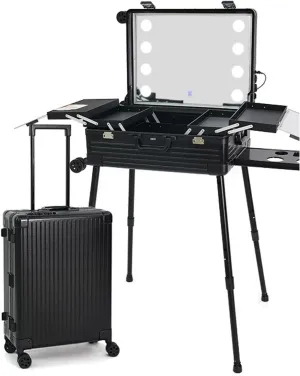 Professional Cosmetic Case with 8LED Lights, Telescopic Stand, Universal Wheel Cosmetic Case, TSA Code Lock Traveling Cart (Black 24INCH)