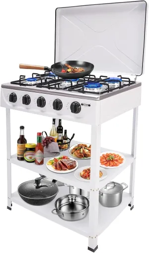 Propane Gas Stove, 5 Burner Portable LNG Camping Grill Stove with 2 Tier Storage Rack and Wind Blocking Cover Adapter Manual Ignition for Outdoor Camping Picnic RV Cooking, No Hose (White-5 Burner)