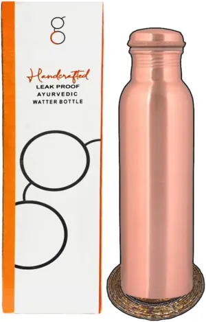 Pure Copper Water Bottle with Free Beaded Coaster (Random Color)– Ayurvedic Leak Proof Bottle for Health & Wellness – 1000 ml | Handmade | Random Color Coaster