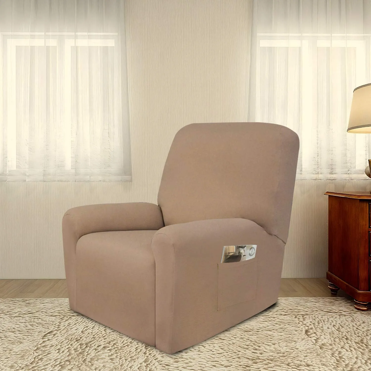 PureFit Super Stretch Chair Sofa Slipcover with Pocket – Spandex Non Slip Soft Couch Sofa Cover, Washable Furniture Protector with Elastic Bottom for Kids, Pets （Recliner, Camel）