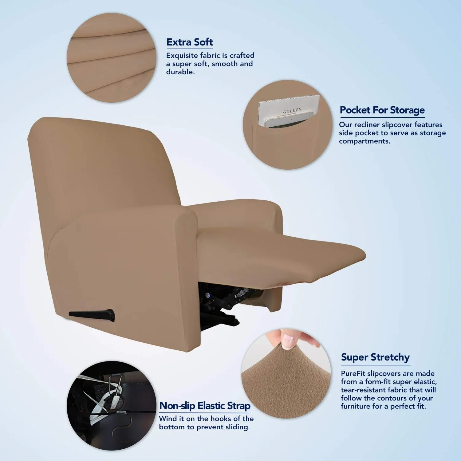 PureFit Super Stretch Chair Sofa Slipcover with Pocket – Spandex Non Slip Soft Couch Sofa Cover, Washable Furniture Protector with Elastic Bottom for Kids, Pets （Recliner, Camel）