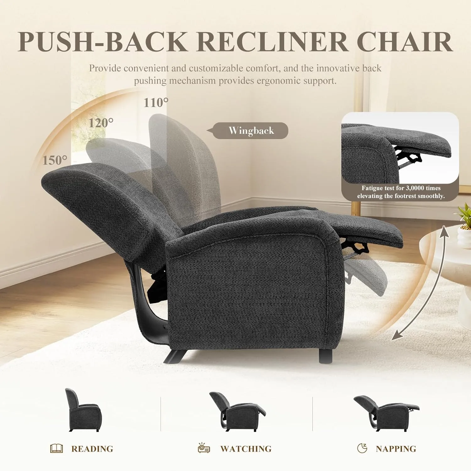 Pushback Recliner Chair, Wing Back Chairs with Arms, Adjustable Modern Single Reclining for Living Room/Bedroom,Fabric Accent Chair Extrathick Cushion