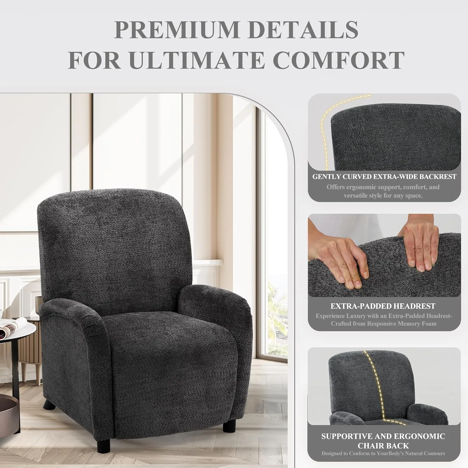 Pushback Recliner Chair, Wing Back Chairs with Arms, Adjustable Modern Single Reclining for Living Room/Bedroom,Fabric Accent Chair Extrathick Cushion