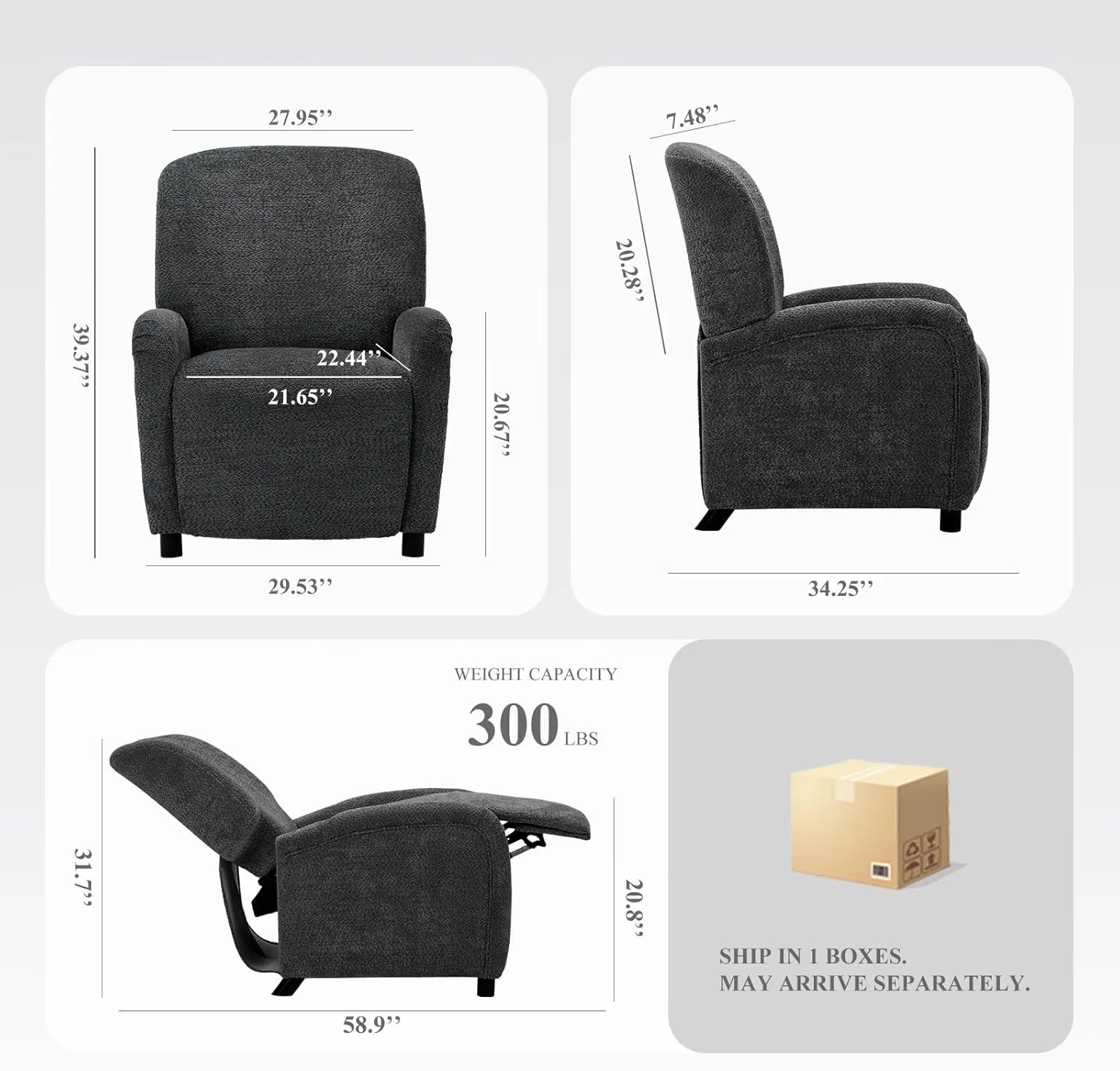 Pushback Recliner Chair, Wing Back Chairs with Arms, Adjustable Modern Single Reclining for Living Room/Bedroom,Fabric Accent Chair Extrathick Cushion